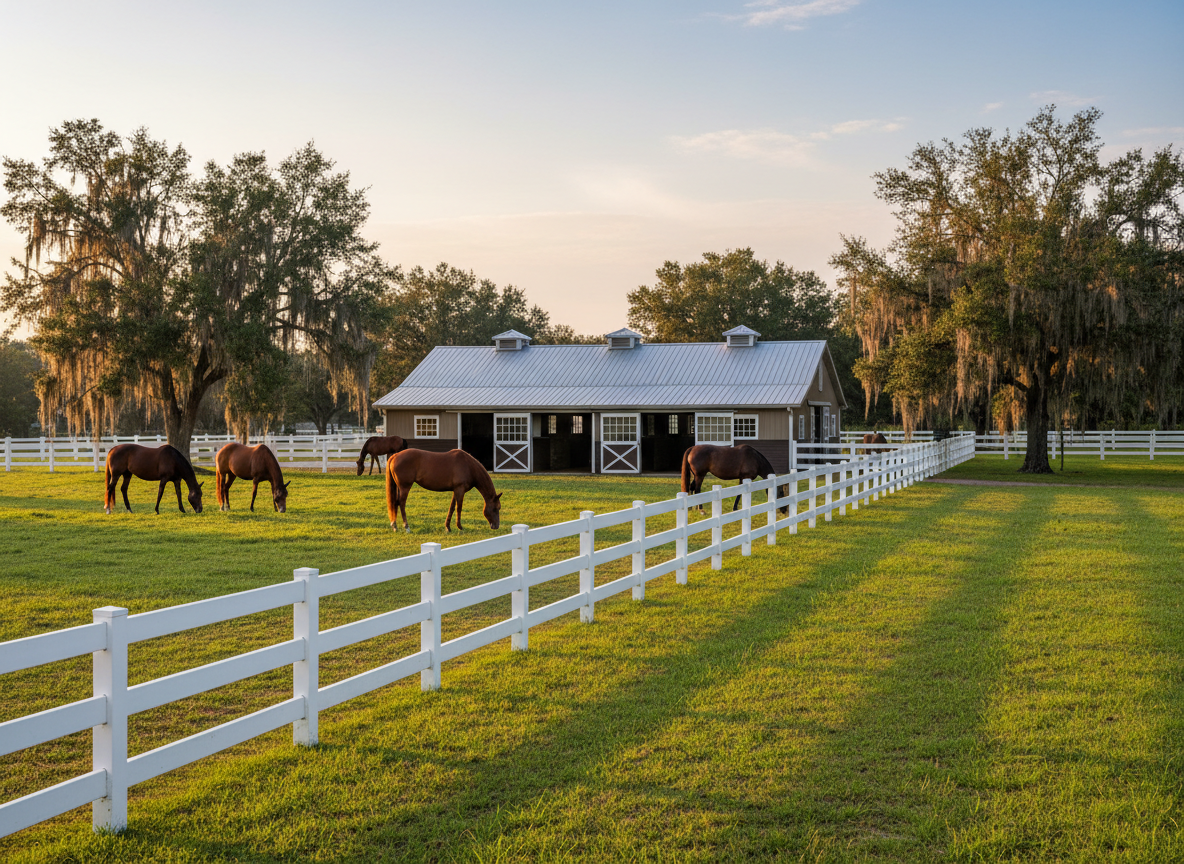 A wide, photographic realism scene of a premium horse boarding facility entrance, featuring a neatly painted white ranch-style fence leading to a well-maintained barn with a metal roof and large sliding doors. In the foreground, a few sleek, well-groomed horses graze peacefully in a lush green pasture dotted with mature live oaks and Spanish moss, evoking rural Bushnell, FL. Soft golden hour sunlight casts long, gentle shadows and warm highlights on the horses’ coats and grass. Captured from a slightly elevated angle, the composition follows the fence line into the distance, creating depth and a calm, professional atmosphere suitable for a high-end equine boarding website hero image.
